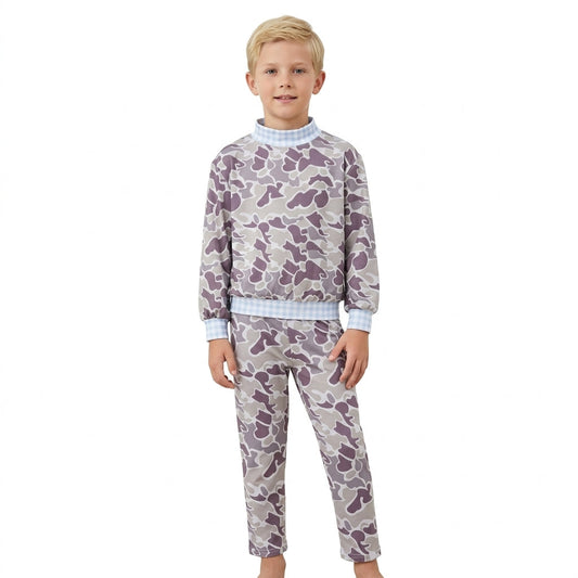 BLP1567 Hunting Camo Blue Plaid Mockneck Boys Set