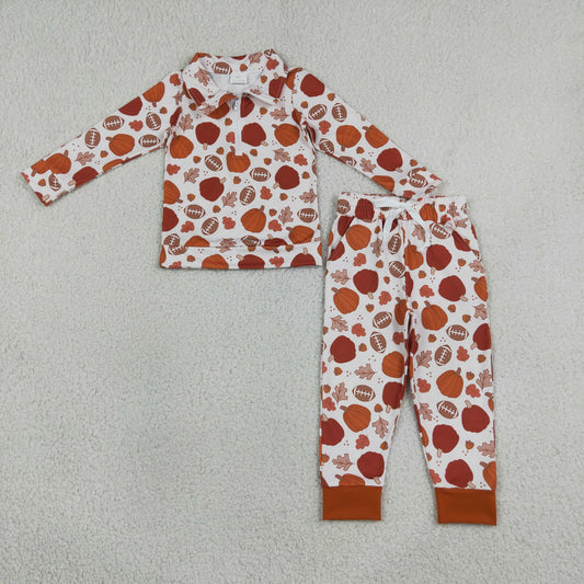 BLP1573 Fall Pumpkin Football Leaves Zipper Pullover Orange Boys Set