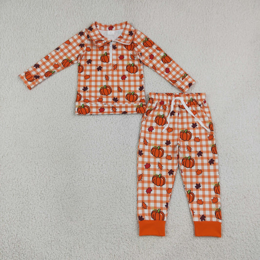 BLP1574 Fall Pumpkin Plaid Zipper Pullover Orange Boys Set 202609 RTS