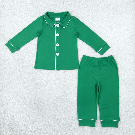 BLP1594 Christmas Solid Green Buttons Boys Pajamas Outfits