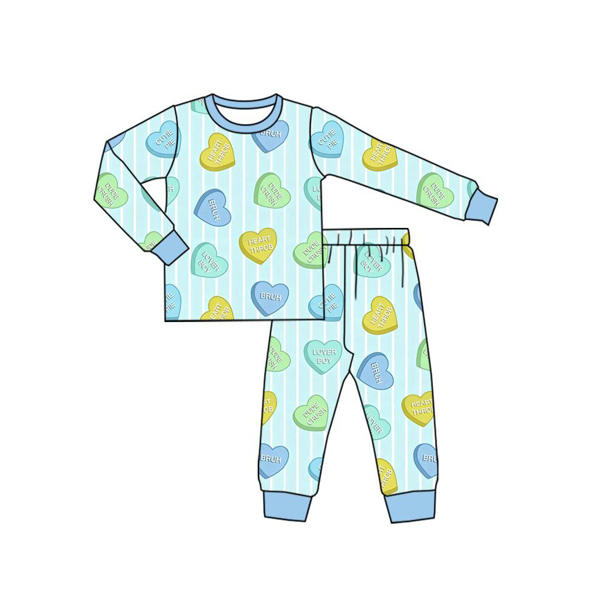 Pre-order BLP1596 Boys Heart Letter Print 2‑Piece Pajama Set Stripe Crew Neck Home Sleepwear