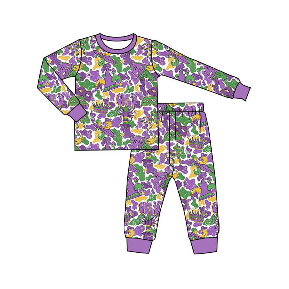 Preorder MOQ 5 pcs Each Style Mardi Gras Mask Camo Boys Pajamas Outfits Kids Matching Clothes 202609