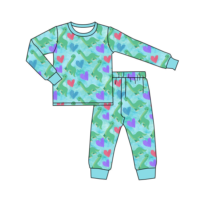 Preorder MOQ 5 pcs Each Style Valentine's Day Love Dinosaur Blue Green Kids Matching Clothes