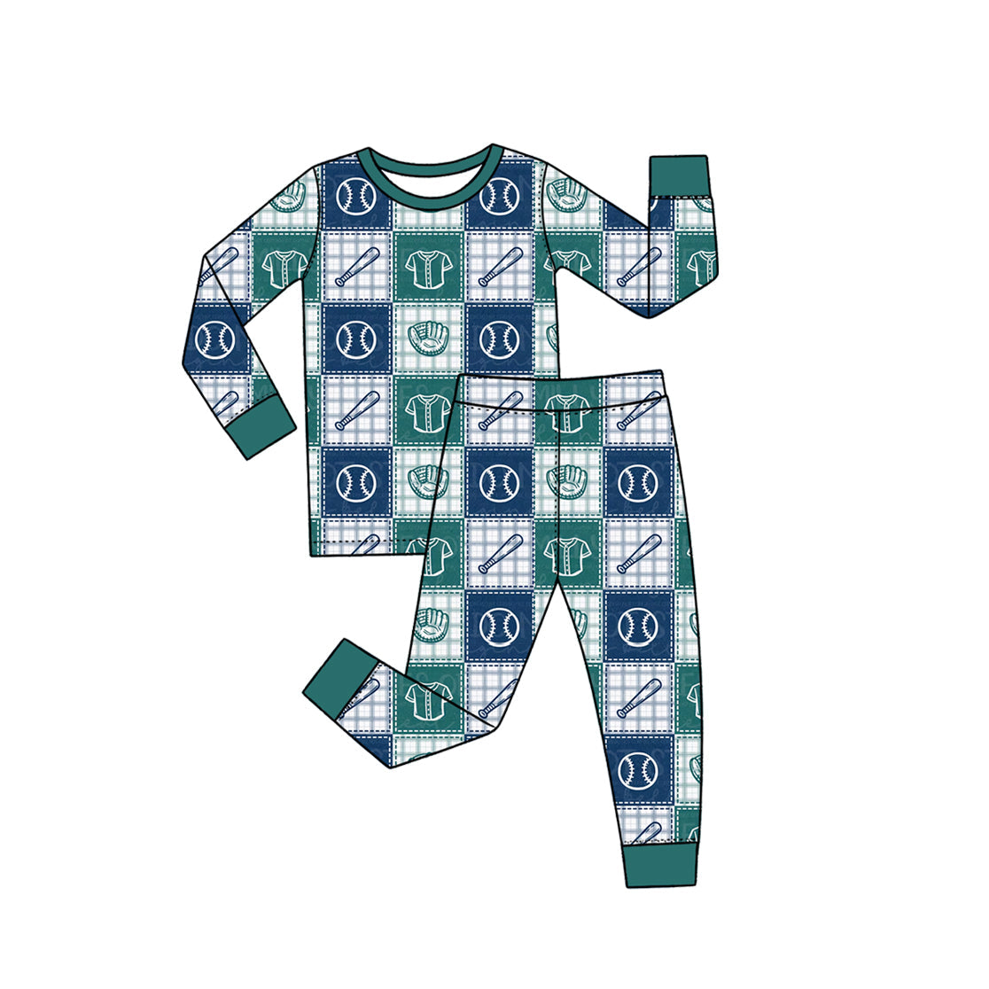 Preorder MOQ 5 pcs Each Style Baseball Blue Green Plaid Pajamas Kids Matching Clothes