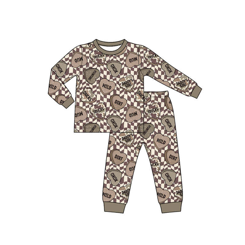 Preorder MOQ 5 pcs Each Style Valentine's Day Love Plaid Brown Kids Matching Clothes