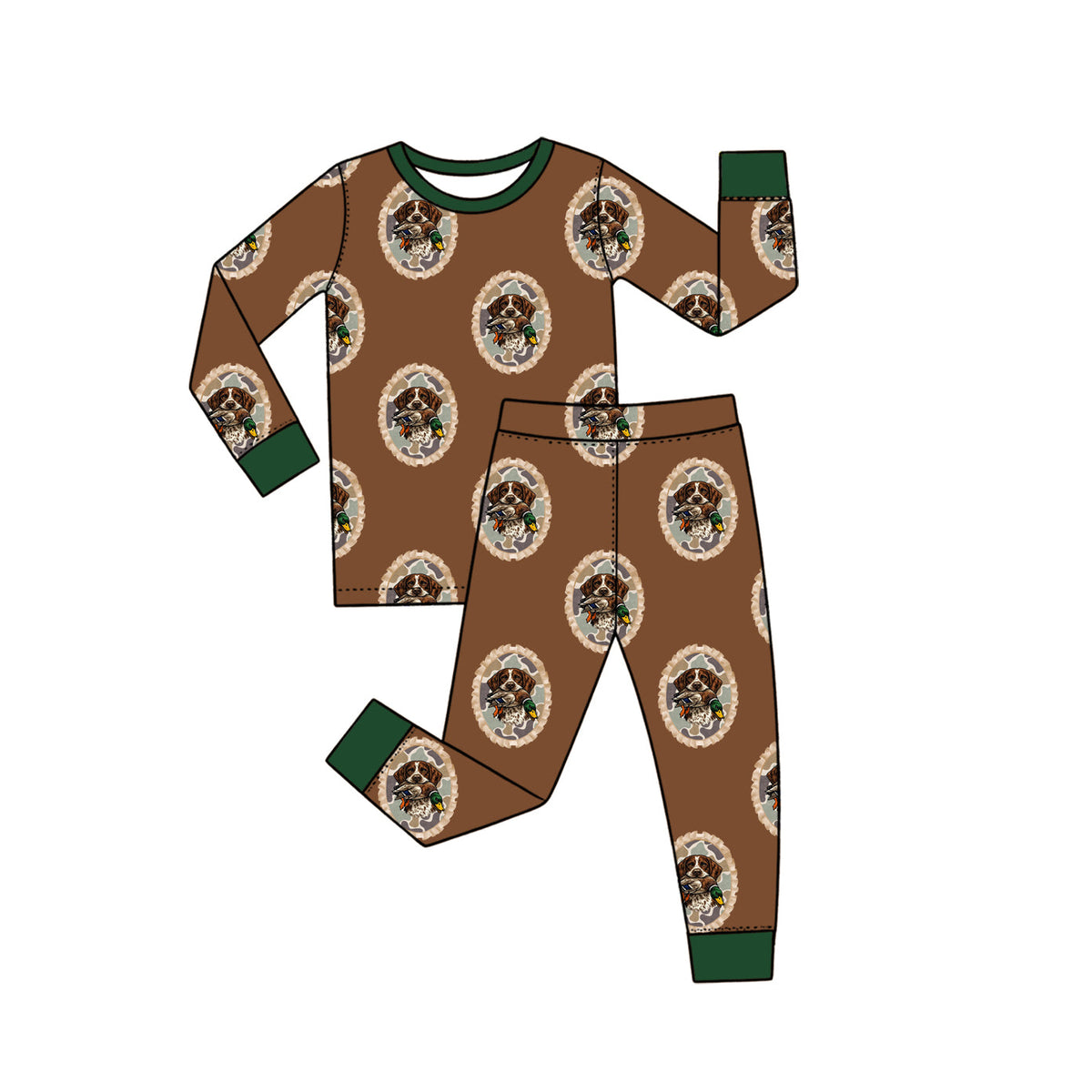 Preorder MOQ 5 pcs Each Style Hunting Duck Puppy Brown Green Pajamas Kids Matching Clothes