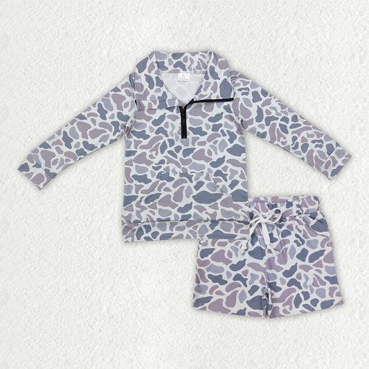 BLS0007 Gray Camouflage Zip up Collar Long-Sleeved Shorts Boys Set 202509 RTS