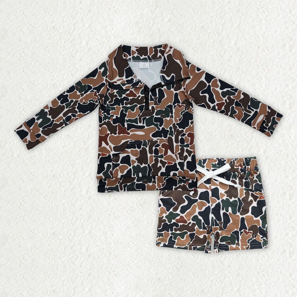 BLS0008  Brown Green Camouflage Zip up Collar Long-Sleeved Shorts Boys Set 202509 RTS