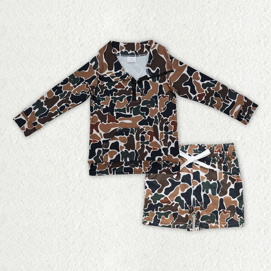 BLS0008  Brown Green Camouflage Zip up Collar Long-Sleeved Shorts Boys Set 202509 RTS
