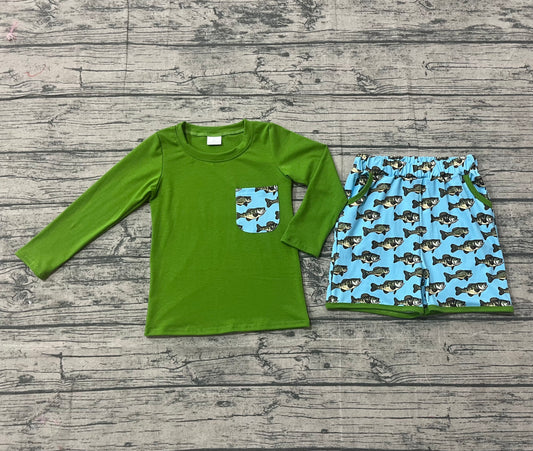 NO MOQ preorder  BLS0010 Fishing Pattern Pocket Blue Green Long Sleeve Shorts Boys Set 202510