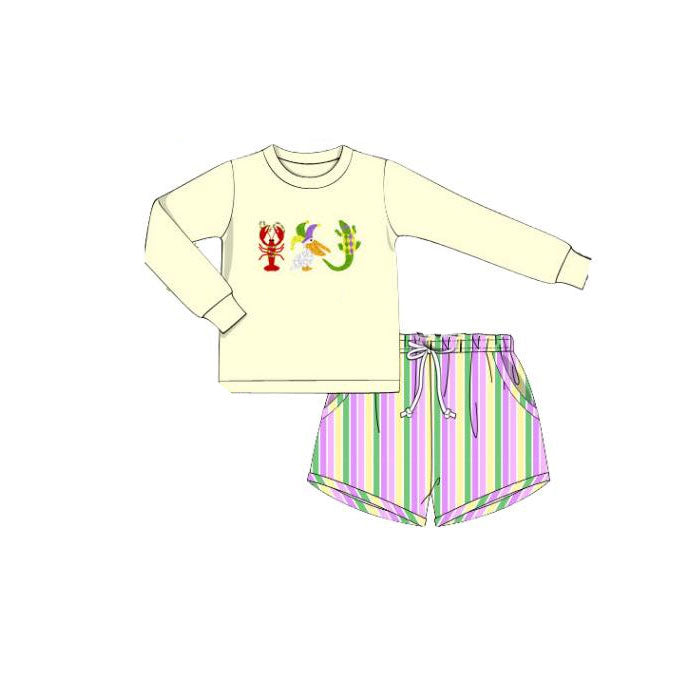 MOQ 5 preorder BLS0015 Mardi Grass Crayfish Pelican Crocodile Beige Yellow Long Sleeve Stripe Shorts Boys Sets 202510