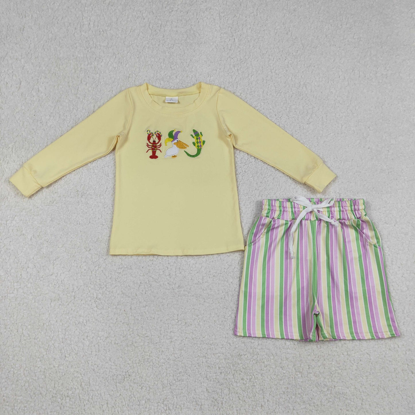 BLS0015 Embroidered Mardi Grass Crayfish Pelican Crocodile Beige Yellow Long Sleeve Stripe Shorts Boys Sets 202512 RTS