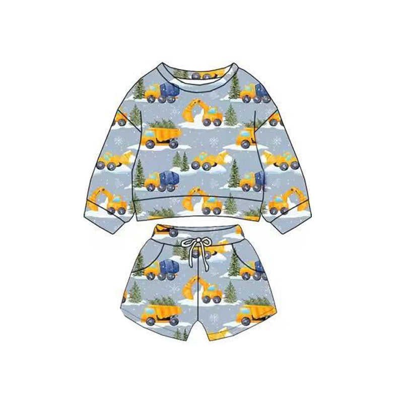 MOQ 5 preorder BLS0016 Construction Vehicle Pine Snowflake Blue Long Sleeve Shorts Boys Sets 202511