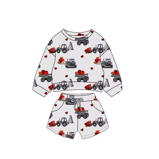 MOQ 5 preorder BLS0017 Valentines Day Love Construction Vehicle Gray Long Sleeve Shorts Boys Sets 202511