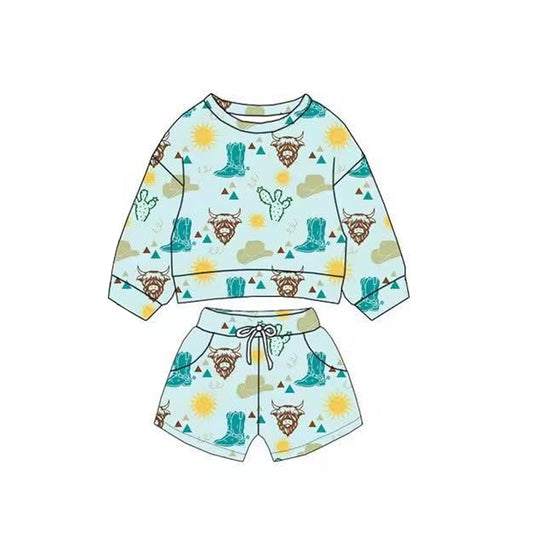 MOQ 5 preorder BLS0021 Highland Cow Boots Blue Green Long Sleeve Shorts Boys Sets 202511
