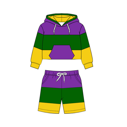 MOQ 5 PCS preorder BLS0023 Mardi Gras Purple Yellow Green Stripe Hooded Long Sleeve Shorts Boys Yoga Sets 202511