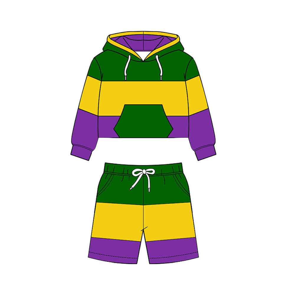 MOQ 5 PCS preorder BLS0024 Mardi Gras Purple Yellow Green Stripe Hooded Long Sleeve Shorts Boys Yoga Sets 202511