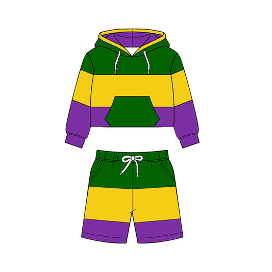 MOQ 5 PCS preorder BLS0024 Mardi Gras Purple Yellow Green Stripe Hooded Long Sleeve Shorts Boys Yoga Sets 202511