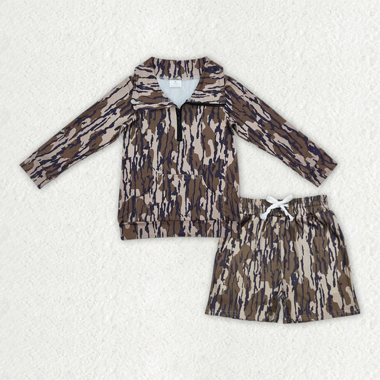 BLS0025 NEW Army Green Camouflage Zip up Collar Long-Sleeved Shorts Boys Sets 202512 RTS