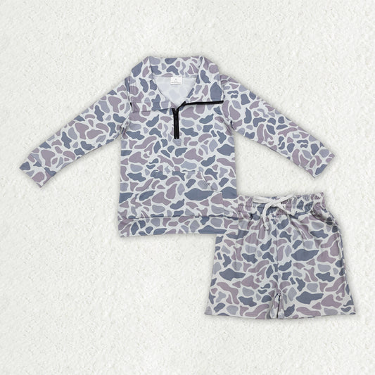 BLS0026 NEW Gray Camouflage Zip up Collar Long-Sleeved Shorts Boys Sets 202512 RTS