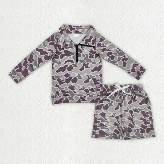 BLS0028 NEW Gray Brown Camouflage Zip up Collar Long-Sleeved Shorts Boys Sets 202512 RTS