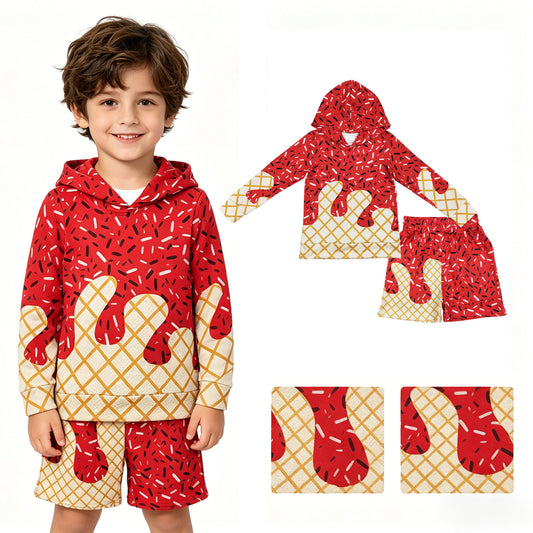 BLS0036 Waffle Red Drip Clothes Hooded Long-Sleeved Shorts Boys Sets 202604 RTS