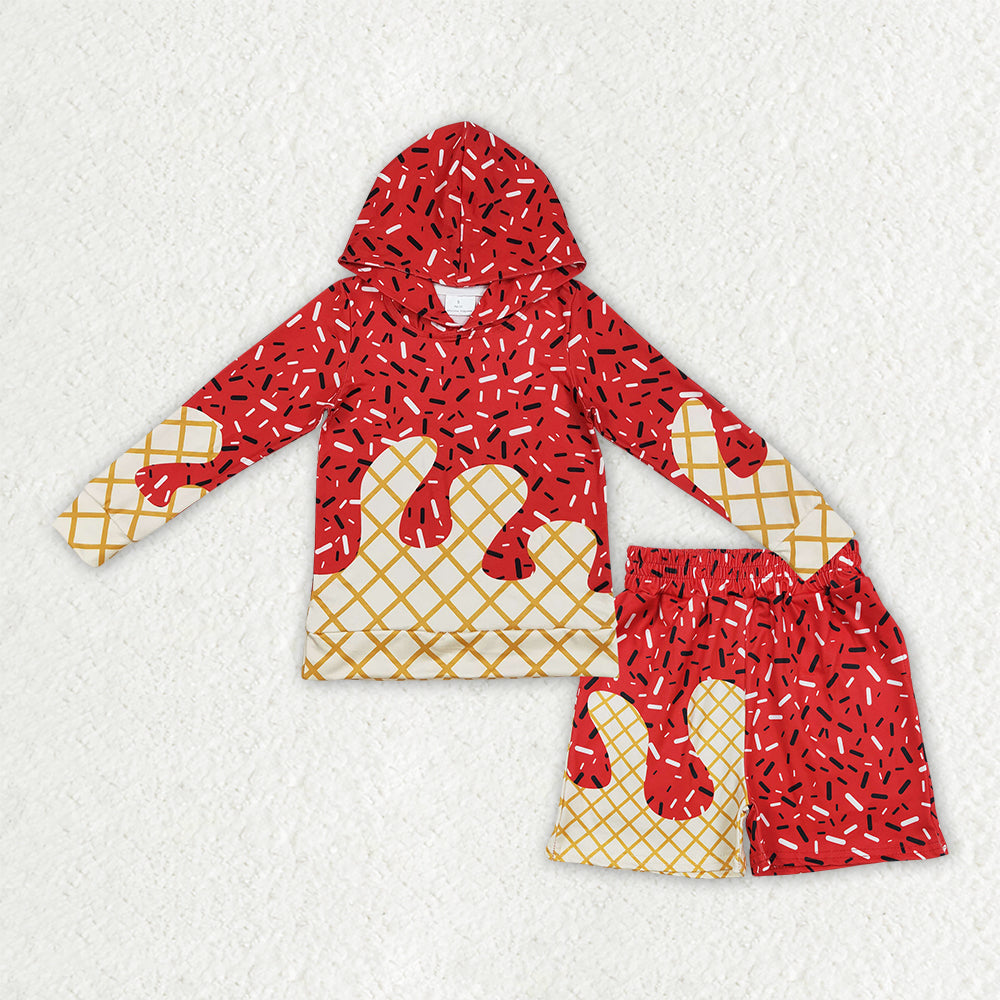BLS0036 Waffle Red Drip Clothes Hooded Long-Sleeved Shorts Boys Sets 202604 RTS