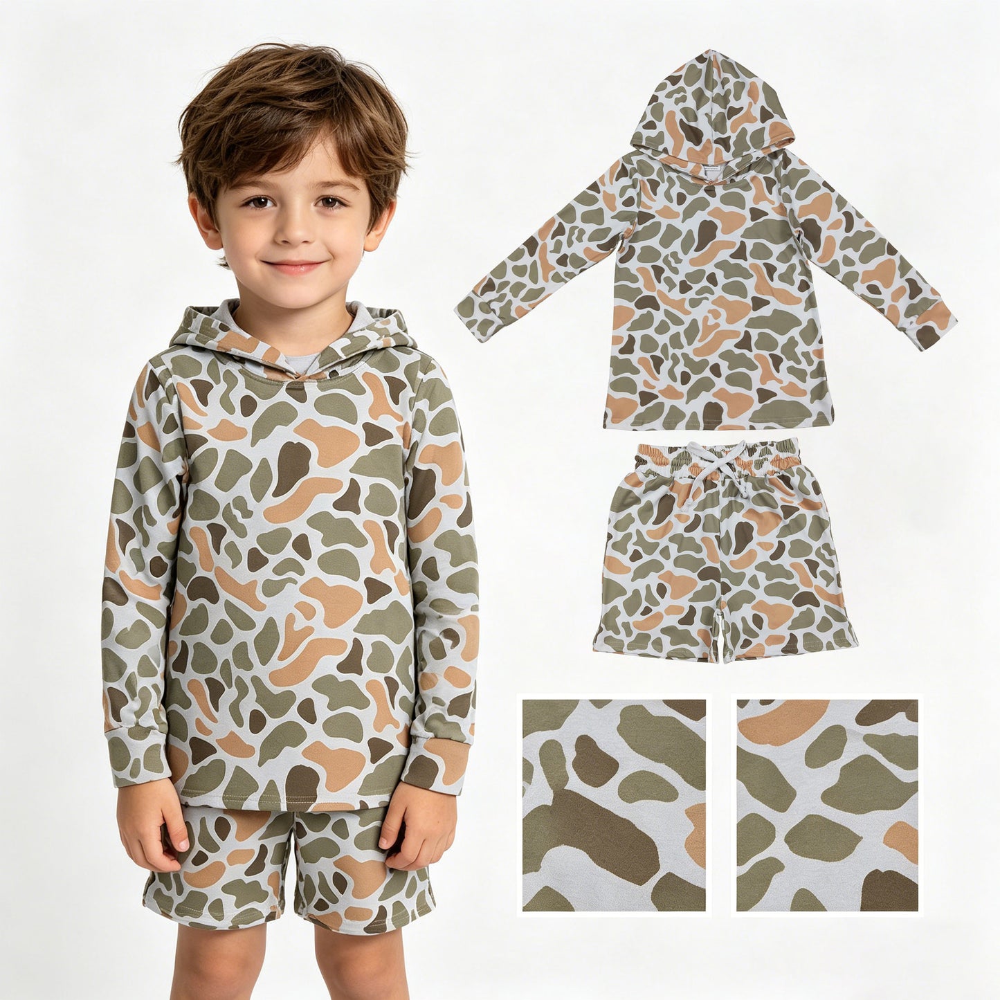 BLS0037 Orange Green Camouflage Hooded Long-Sleeved Shorts Boys Sets 202605 RTS