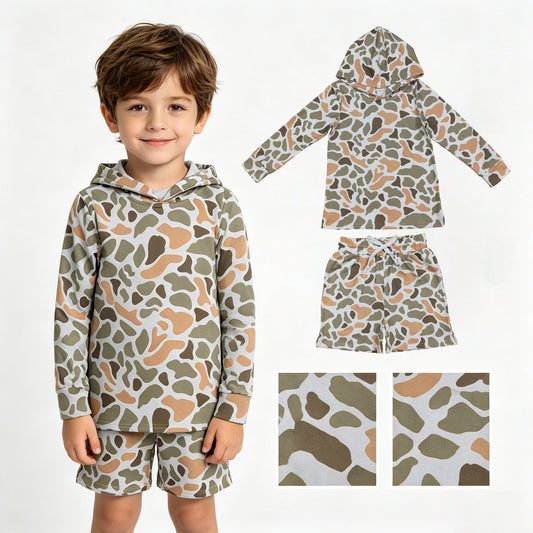 BLS0037 Orange Green Camouflage Hooded Long-Sleeved Shorts Boys Sets 202605 RTS