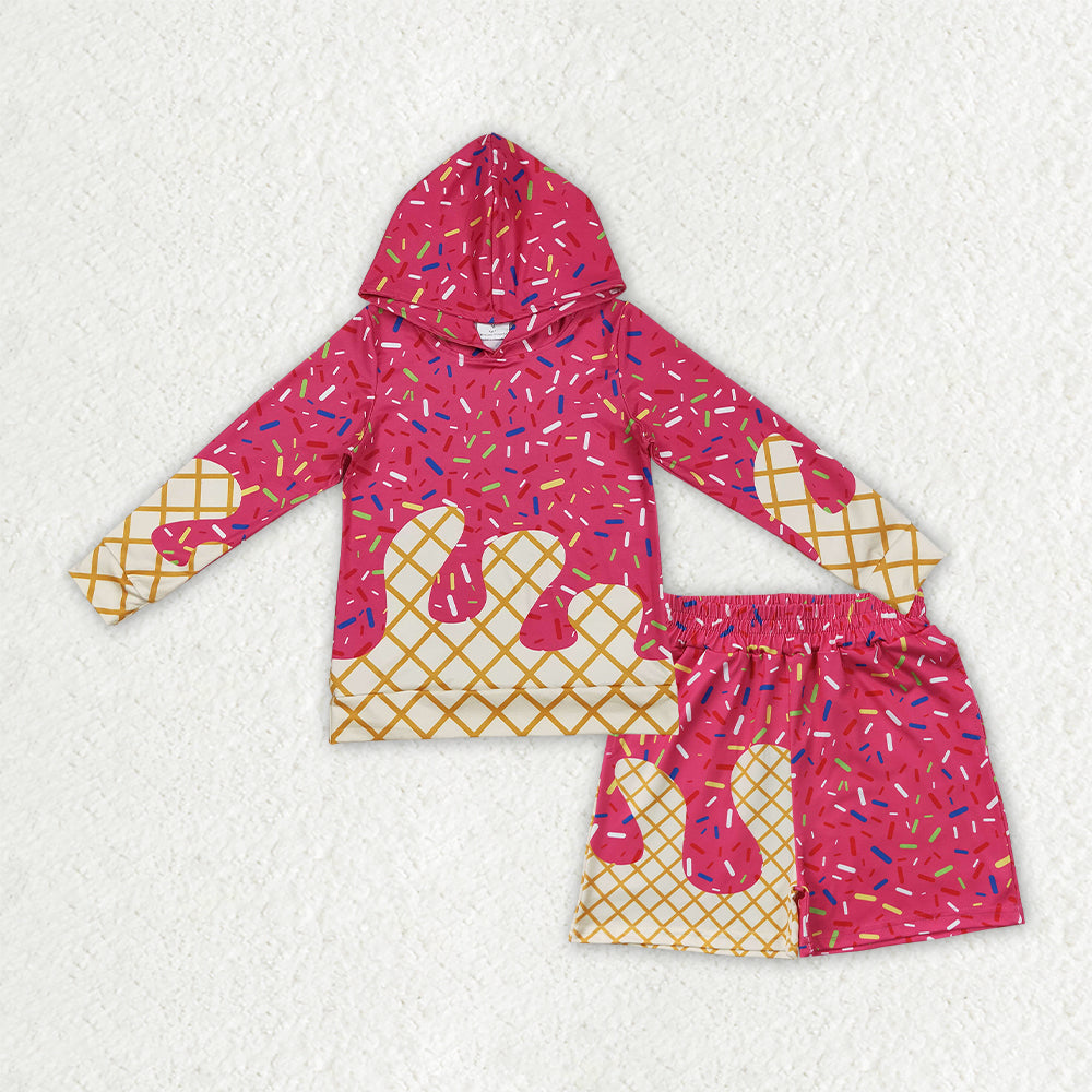 BLS0040 Rose Red Ice Cream Drip Hooded Long-Sleeved Shorts Boys Sets 202607 RTS