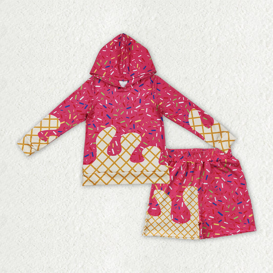 BLS0040 Rose Red Ice Cream Drip Hooded Long-Sleeved Shorts Boys Sets 202607 RTS