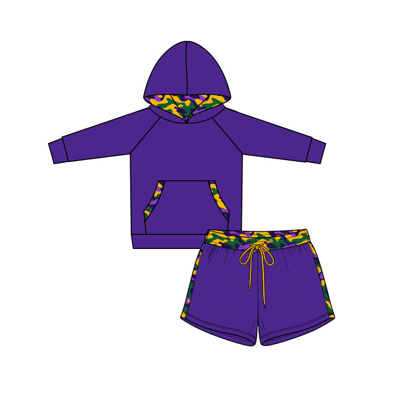 Preorder MOQ 5 pcs BLS0061 Mardi Gras Camo Purple Hoodie Boys Shorts Set