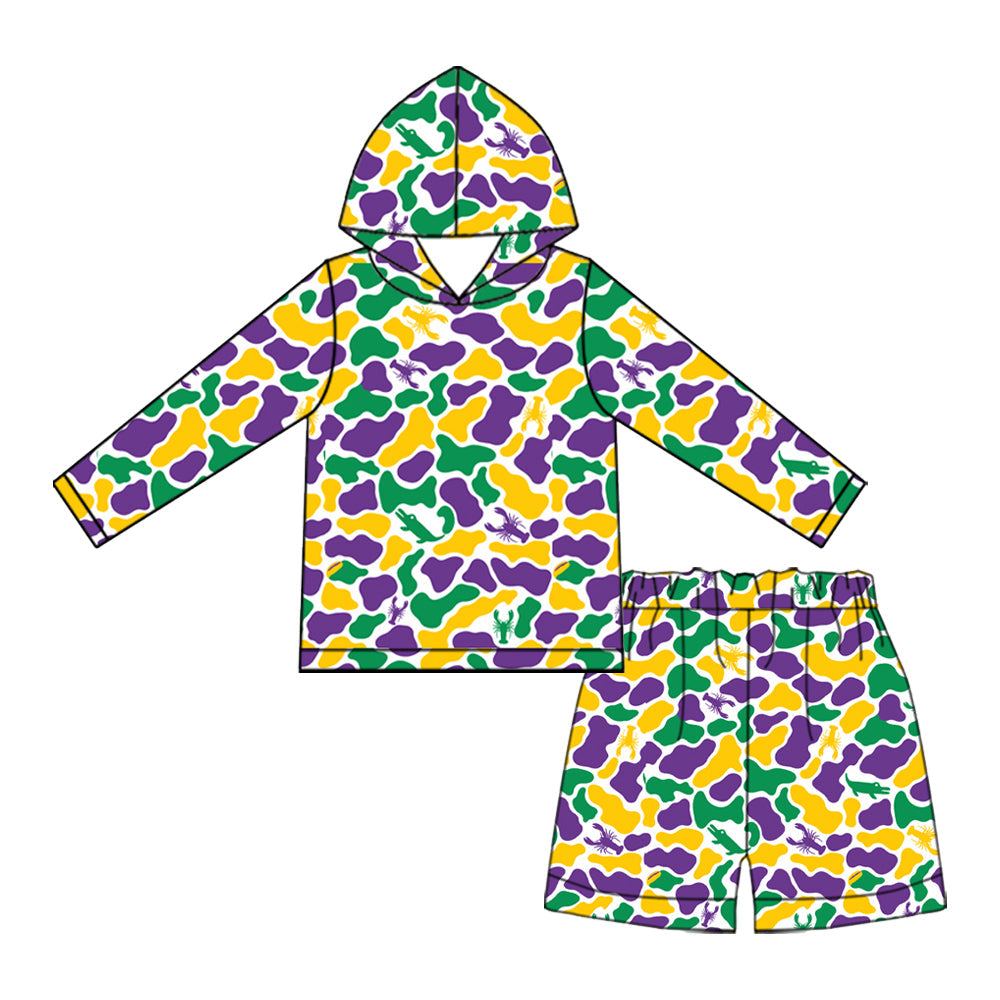 Preorder MOQ 5 pcs BLS0063 Mardi Gras Camo Hoodie Boys Shorts Set