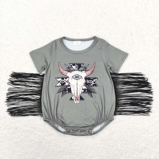 SR0579 Grey Highland Cow Tassel Girls Short Sleeve Romper