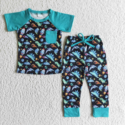 Clearance BSPO0024 NO MOQ Boys Dinosaur Rocket Pocket short sleeve pants suit