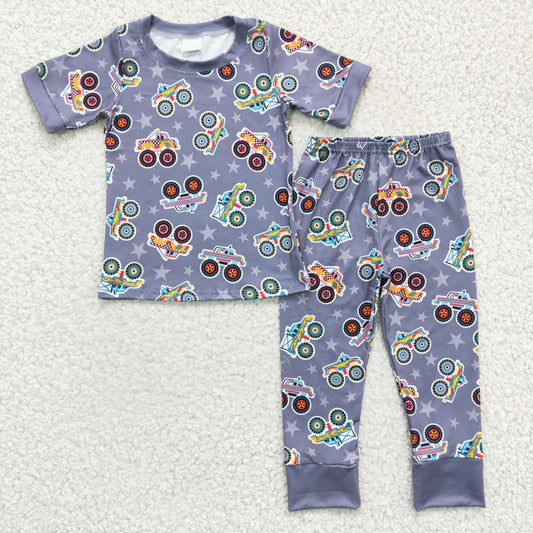 Clearance BSPO0039 NO MOQ High quality boys engineering Car Stars Grey short sleeve pants suit