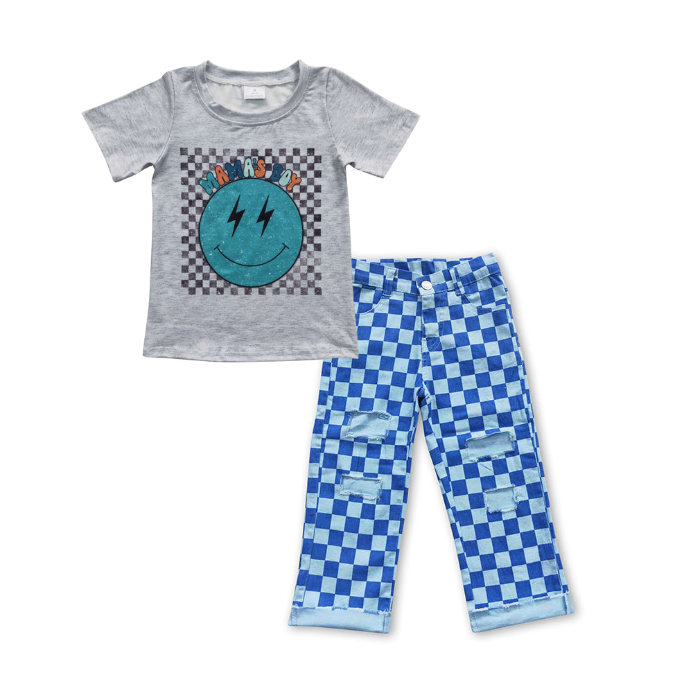 BSPO0113 2Pcs Blue Emoji Smile Denim Boys Short Sleeve Bell Bottom Pants Outfits