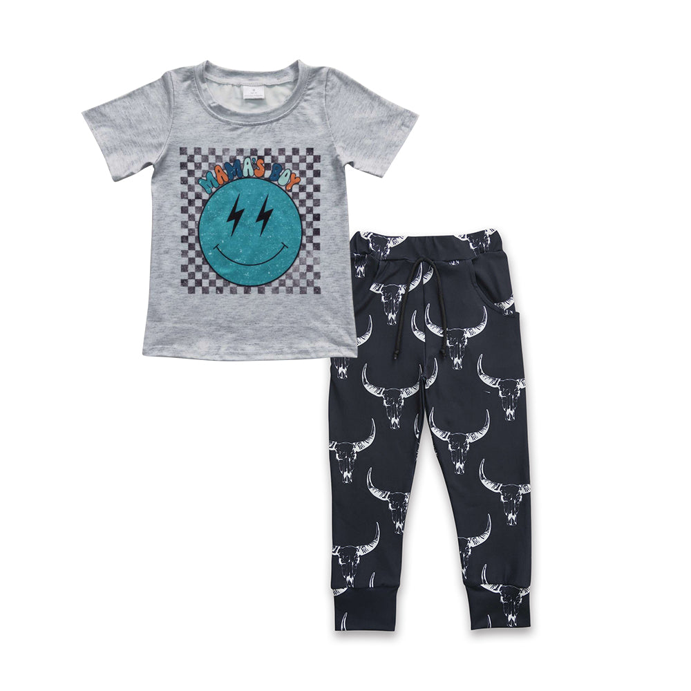 BSPO0114 2Pcs Blue Smile Emoji Pants Boys Long Sleeve Pants Outfits