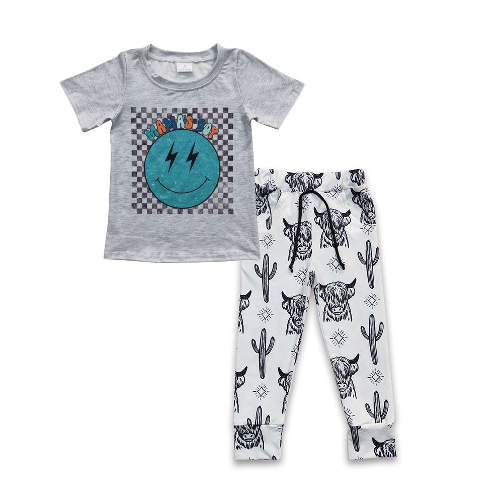 BSPO0115 2Pcs Blue Smile Emoji Pants Boys Long Sleeve Pants Outfits