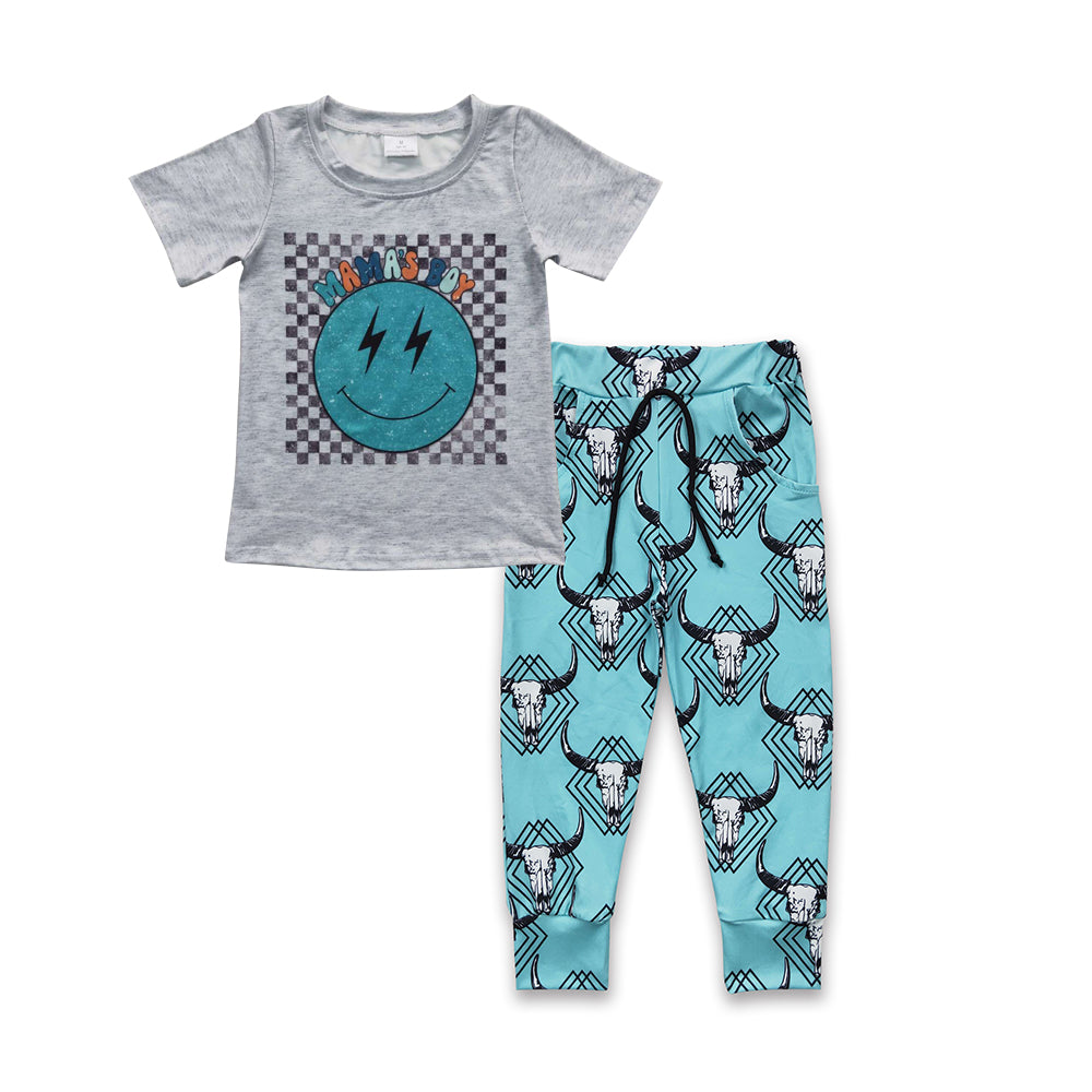 BSPO0116 2Pcs Blue Smile Emoji Pants Boys Long Sleeve Pants Outfits