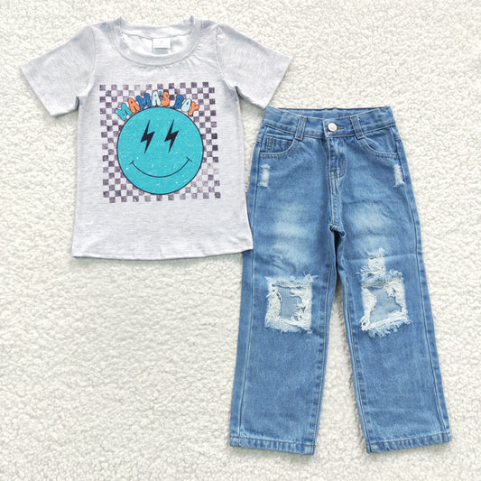 BSPO0117  2Pcs Blue Emoji Smile Denim Boys Short Sleeve Bell Bottom Pants Outfits