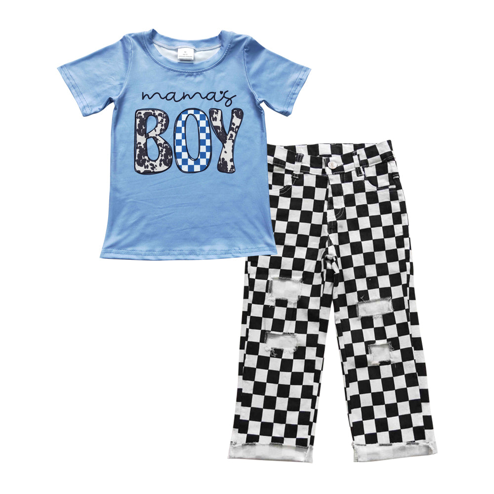 BSPO0124  2Pcs Blue Boy Denim Boys Short Sleeve Bell Bottom Pants Outfits