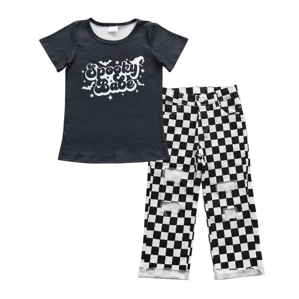 BSPO0125 2Pcs Black  Denim Boys Short Sleeve Bell Bottom Pants Outfits