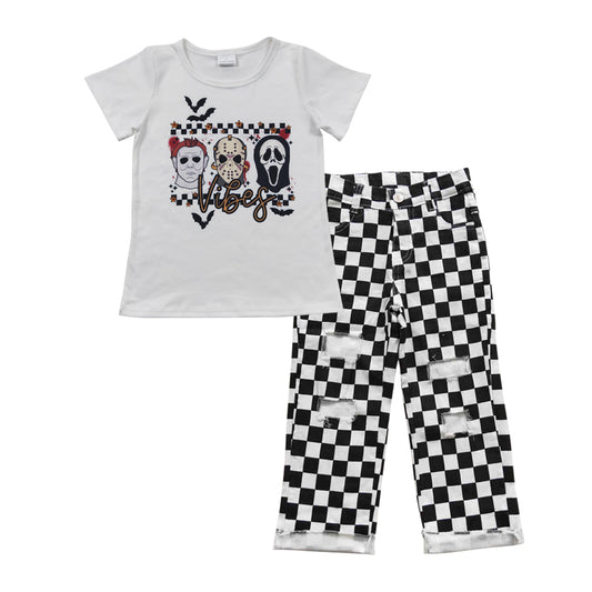 BSPO0126 2Pcs Black  Denim Boys Short Sleeve Bell Bottom Pants Outfits