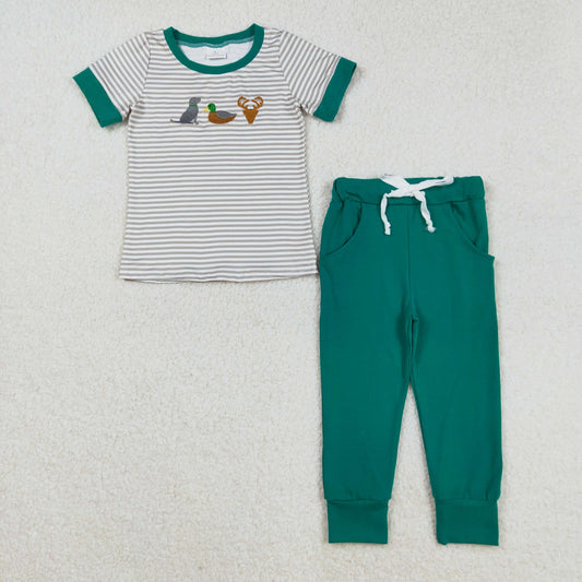 BSPO0154 Embroidered Puppy Duck Deer Boys Green Short Sleeve Pants Sets 202508 RTS