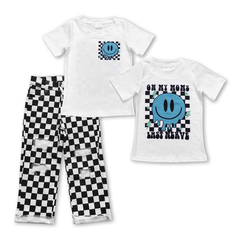 BSPO0191  2Pcs  Blue Smile Black Denim Boys Short Sleeve Bell Bottom Pants Outfits