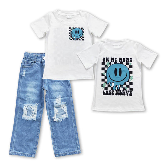 BSPO0192  2Pcs  Blue Smile Denim Boys Short Sleeve Bell Bottom Pants Outfits