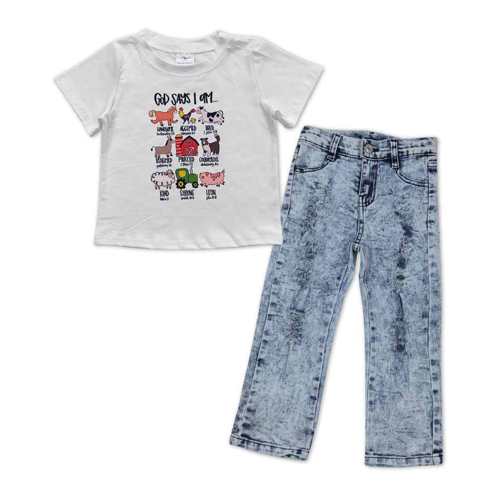 BSPO0210  2Pcs Farm Pig Blue Denim Boys Short Sleeve Bell Bottom Pants Outfits