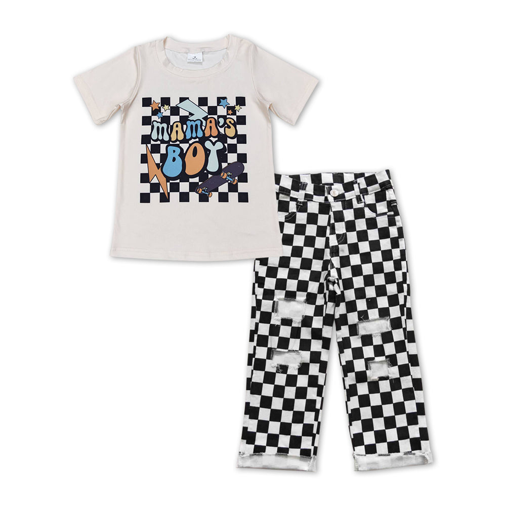 BSPO0243  2Pcs Mama's Boy Black Plaid  Denim Girls Short Sleeve Bell Bottom Pants Outfits