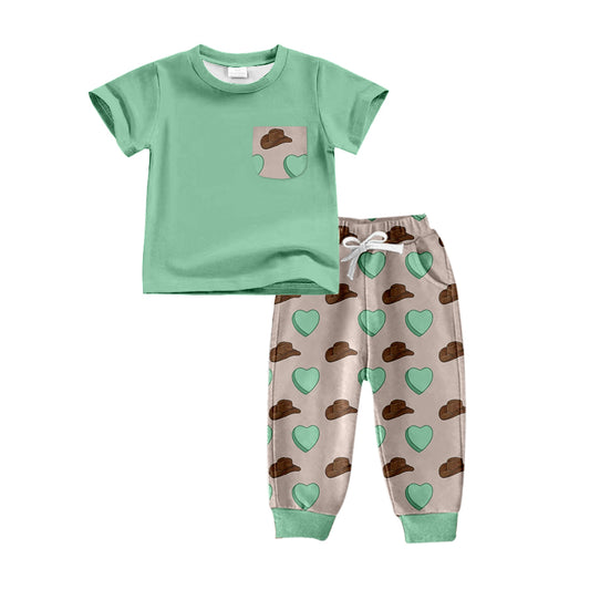 preorder BSPO0297 Green Valentine Love hat Boys Short Sleeve Pants Outfits